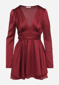 Born2be - Bordowa Satynowa Sukienka Mini z Głębokim Dekoltem i Wiązaniem z Tyłu Liadan. Okazja: na imprezę. Kolor: czerwony. Materiał: satyna. Styl: elegancki. Długość: mini #3