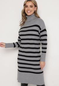 Born2be - Szaro-Czarna Sweterkowa Sukienka z Golfem Wiskozą i Modalem Ozdobiona Paskami Fesalttia. Okazja: na co dzień. Typ kołnierza: golf. Kolor: szary. Materiał: wiskoza. Długość rękawa: długi rękaw. Wzór: aplikacja. Typ sukienki: proste. Styl: casual, elegancki #6