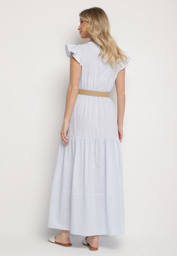 Born2be - Jasnoniebieska Bawełniana Sukienka Boho o Rozkloszowanym Kroju z Paskiem z Klamrą Iffalisse. Okazja: na spacer. Kolor: niebieski. Materiał: bawełna. Wzór: aplikacja. Typ sukienki: rozkloszowane. Styl: boho