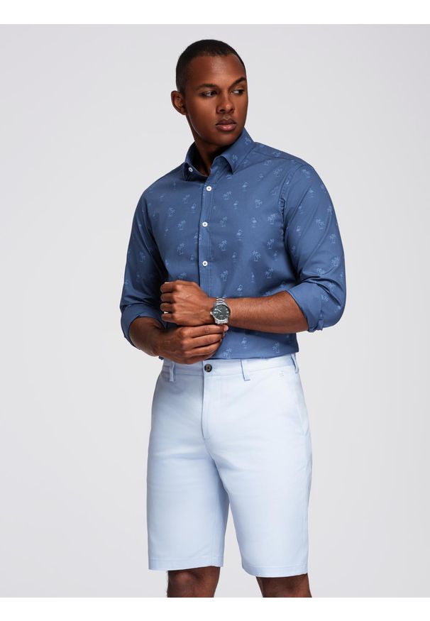 Ombre Clothing - Klasyczna męska bawełniana koszula SLIM FIT w palmy - ciemnoniebieska V5 OM-SHCS-0156 - XXL. Typ kołnierza: kołnierzyk klasyczny. Kolor: niebieski. Materiał: bawełna. Długość rękawa: długi rękaw. Długość: długie. Wzór: nadruk. Styl: klasyczny