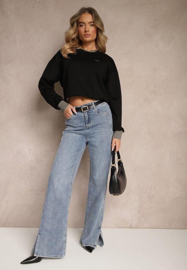 Renee - Czarna Bluza Ozdobiona Metaliczną Nicią Ilatraen. Okazja: na co dzień, na spacer. Kolor: czarny. Materiał: jeans. Wzór: aplikacja. Styl: casual