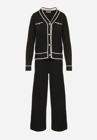 Born2be - Czarny Dzianinowy Komplet Szerokie Spodnie i Kardigan z Lamówkami Gioresa. Kolor: czarny. Materiał: dzianina. Wzór: gładki. Sport: turystyka piesza #7