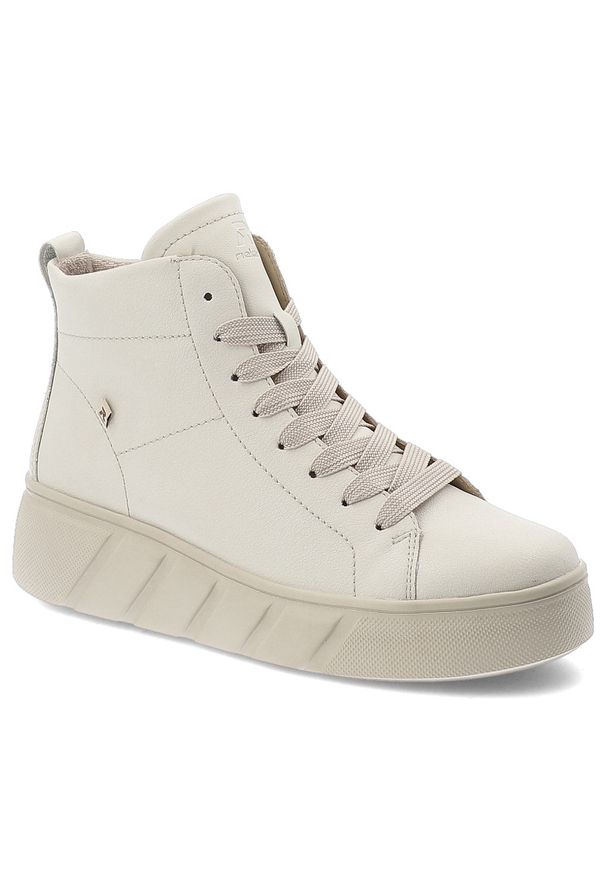 Botki damskie Rieker, revolution sof na grubej podeszwie za kostkę z okrągłym noskiem skórzane, białe, W2661-80. Okazja: na co dzień. Wysokość cholewki: za kostkę. Nosek buta: okrągły. Zapięcie: sznurówki. Kolor: biały. Materiał: skóra, syntetyk, materiał. Szerokość cholewki: normalna. Styl: casual, elegancki, klasyczny