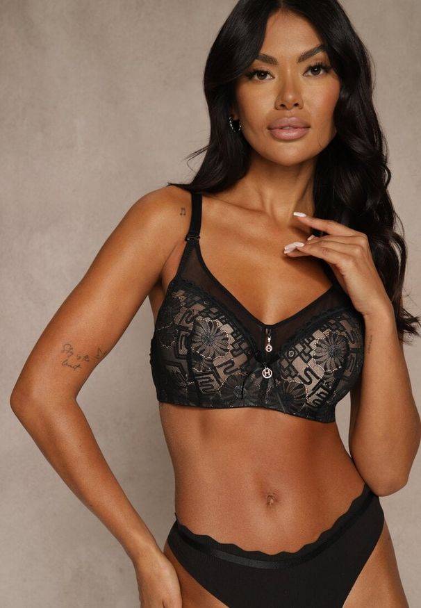 Renee - Czarno-Beżowy Koronkowy Biustonosz Ozdobiony Przezroczystą Wstawką Acalinai. Kolor: czarny. Materiał: koronka. Rodzaj stanika: przezroczysty. Wzór: aplikacja