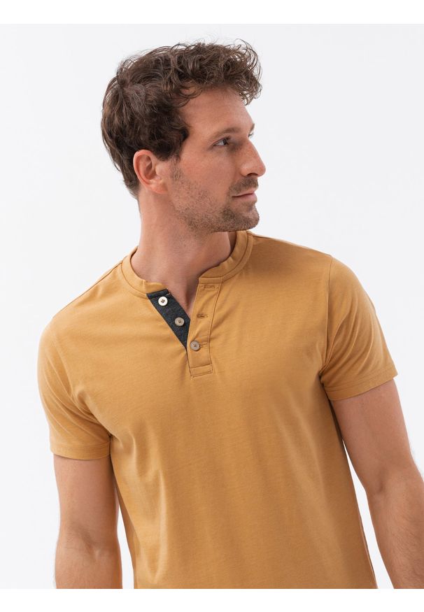 Ombre Clothing - T-shirt męski bez nadruku S1390 - żółty - XXL. Typ kołnierza: polo. Kolor: żółty. Materiał: bawełna, jeans, poliester