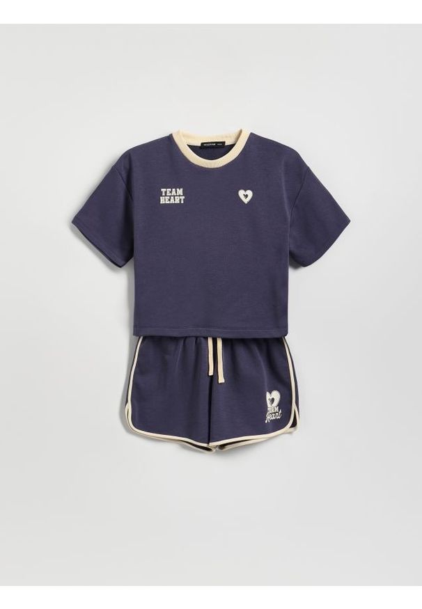 Reserved - Komplet z kontrastowymi wstawkami - granatowy. Kolor: niebieski. Materiał: bawełna