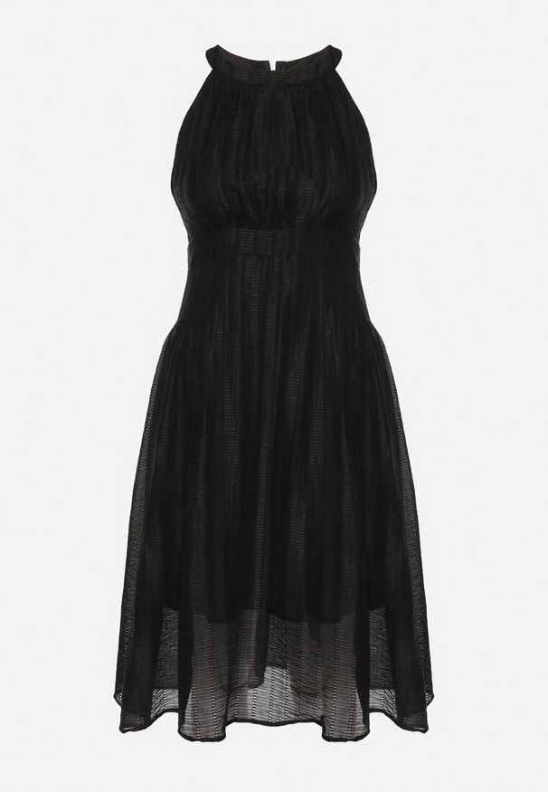 Born2be - Czarna Rozkloszowana Sukienka z Tłoczonej Tkaniny z Wiązaniem z Tyłu Nimioretta. Okazja: na ślub cywilny, na wesele, na imprezę. Kolor: czarny. Materiał: tkanina. Wzór: aplikacja. Typ sukienki: rozkloszowane. Styl: elegancki