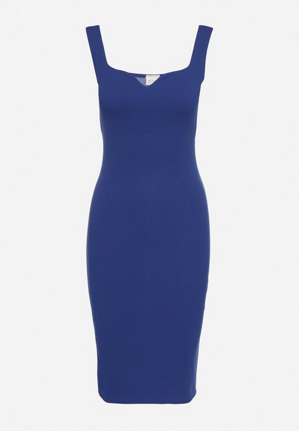 Born2be - Niebieska Sukienka Ołówkowa na Ramiączkach z Dekoltem w Kształcie Serca Maralessa. Okazja: na ślub cywilny, na co dzień, na wesele. Kolor: niebieski. Długość rękawa: na ramiączkach. Wzór: aplikacja. Typ sukienki: ołówkowe. Styl: casual, elegancki, klasyczny