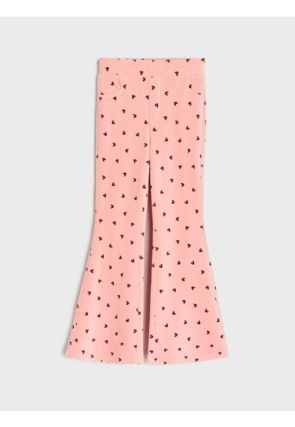 Sinsay - Prążkowane spodnie dzwony ze wzorkiem - różowy. Kolor: różowy. Materiał: prążkowany