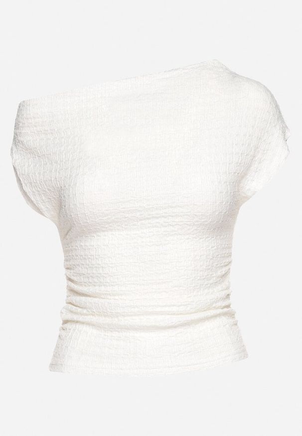 Born2be - Biała Bluzka z Dekoltem Typu Łódka i Marszczeniami po Bokach Dimerra. Okazja: na co dzień. Kolor: biały. Materiał: materiał. Długość rękawa: krótki rękaw. Długość: krótkie. Styl: casual