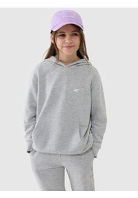 4f - 4F Bluza dresowa nierozpinana z kapturem dziewczęca - szara 122 (6-7 lat). Okazja: na co dzień. Typ kołnierza: kaptur. Kolor: szary. Materiał: dresówka. Wzór: gładki, ze splotem. Sezon: lato. Styl: sportowy, casual