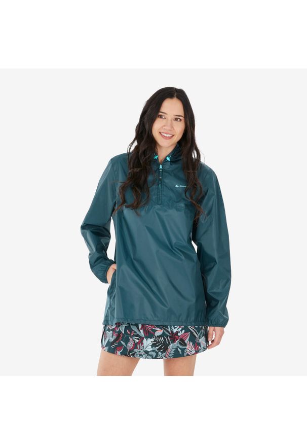 quechua - Kurtka turystyczna damska Quechua Raincut hydrofobowa suwak pod szyją. Kolor: niebieski, wielokolorowy, zielony. Materiał: poliester, materiał. Sport: turystyka piesza