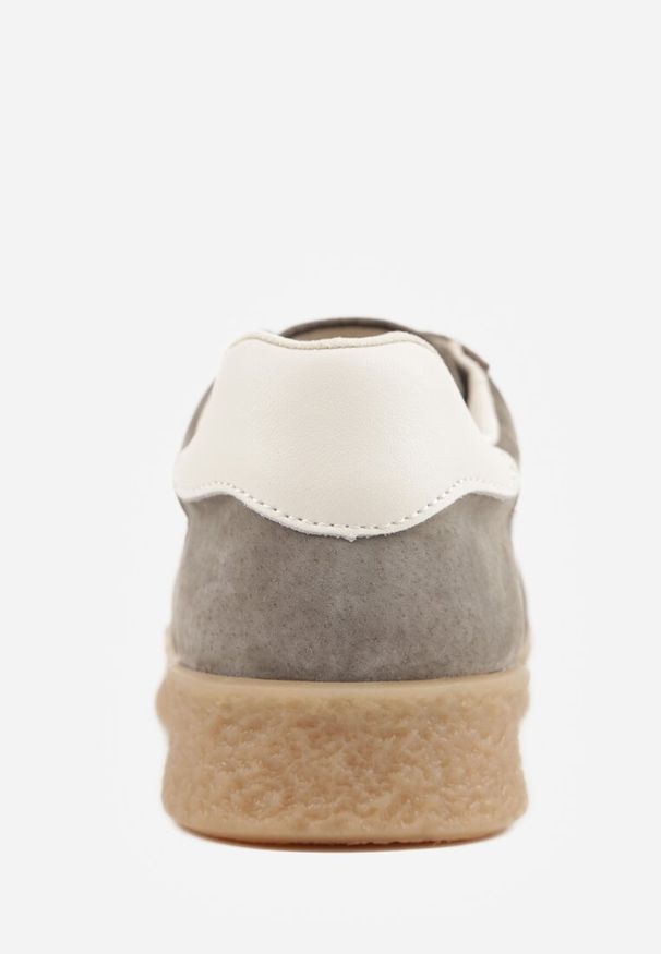 Renee - Ciemnobeżowe Skórzane Sneakersy Typu Tenisówki Ozdobione Paskami Brethanthei. Okazja: na co dzień. Zapięcie: pasek. Kolor: beżowy. Materiał: skóra. Wzór: aplikacja