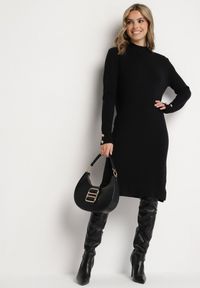 Born2be - Czarna Sweterkowa Sukienka z Modalem i Wiskozą Ozdobiona Guzikami Hesalttia. Okazja: na co dzień. Kolor: czarny. Materiał: wiskoza. Długość rękawa: długi rękaw. Wzór: aplikacja. Typ sukienki: proste. Styl: casual, elegancki #3