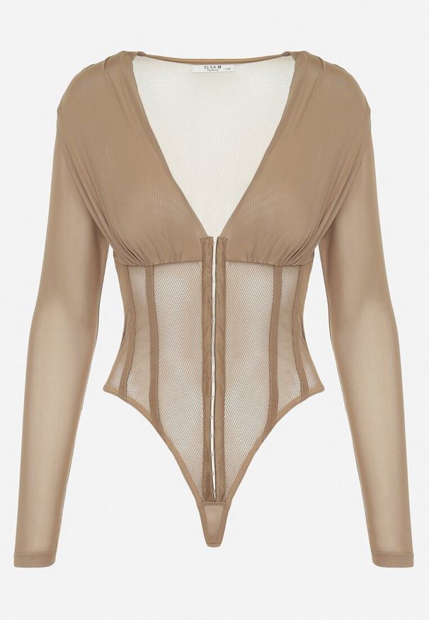 Born2be - Beżowe Body z Siateczki z Gorsetowymi Wstawkami i Głębokim Dekoltem Oraclea. Typ kołnierza: dekolt gorset. Kolor: beżowy. Styl: elegancki