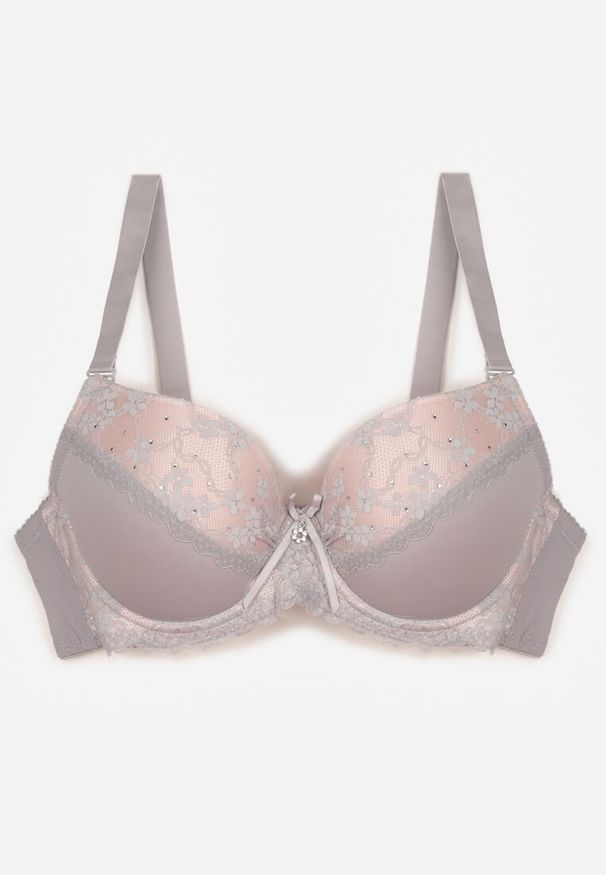 Renee - Szaro-Różowy Biustonosz z Koronką i Cyrkoniami Himelodia. Kolor: szary. Materiał: koronka. Wzór: koronka