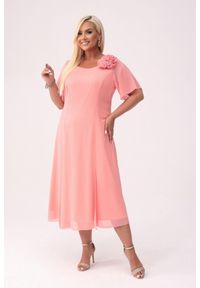 Moda Size Plus Iwanek - Elegancka szyfonowa morelowa sukienka Catalina na wesele PLUS SIZE XXL. Okazja: na wesele, na ślub cywilny. Kolekcja: plus size. Kolor: pomarańczowy. Wzór: kwiaty, aplikacja. Typ sukienki: dla puszystych. Materiał: szyfon. Długość rękawa: krótki rękaw. Styl: elegancki. Długość: midi #1