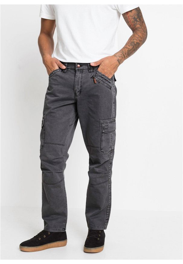 bonprix - Spodnie bojówki, relaxed fit, straight, z czystej bawełny. Kolor: szary. Materiał: bawełna