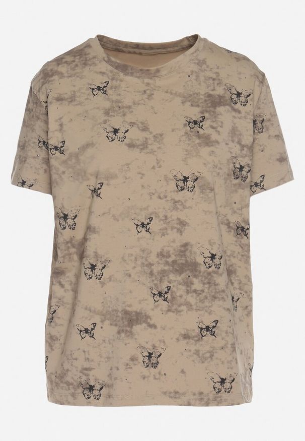 Born2be - Ciemnobeżowy T-shirt Bawełniany w Print w Motylki Tenorea. Kolor: beżowy. Materiał: bawełna. Wzór: nadruk. Styl: klasyczny