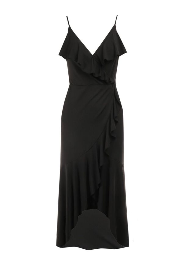 Born2be - Czarna Kopertowa Sukienka na Ramiączkach Zdobiona Falbanami Adathe. Kolor: czarny. Długość rękawa: na ramiączkach. Wzór: aplikacja. Typ sukienki: kopertowe. Styl: elegancki. Długość: midi