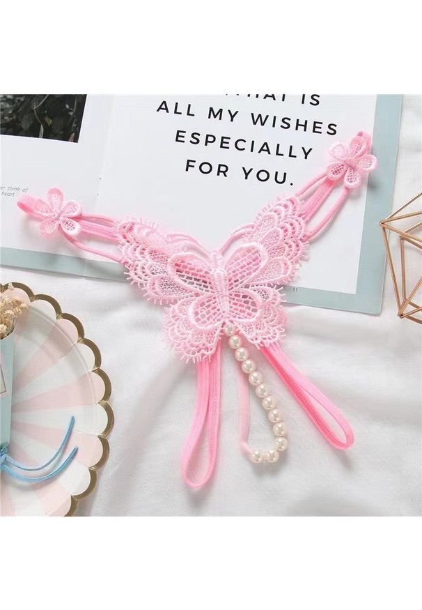 Intica - Stringi z motywem motyla i perłami eleganckie Louiselle. Kolor: różowy. Materiał: materiał. Wzór: aplikacja