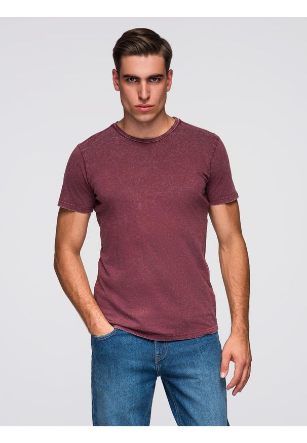 Ombre Clothing - T-shirt męski z efektem sprania – burgundowy V3 - Rozmiar: M. Kolor: czerwony. Materiał: jeans, dzianina, bawełna, materiał. Długość rękawa: krótki rękaw. Długość: krótkie. Sezon: lato. Styl: klasyczny