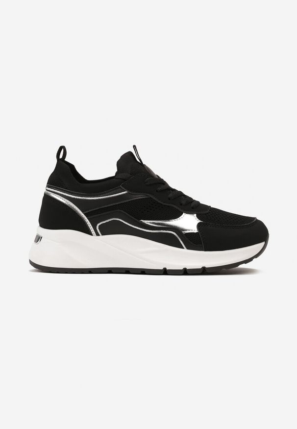 Renee - Czarne Sznurowane Sneakersy na Grubej Podeszwie z Błyszczącymi Wstawkami Nithirela. Okazja: na co dzień. Kolor: czarny. Szerokość cholewki: normalna
