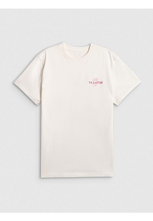 4f - 4F T-shirt loose z nadrukiem damski - beżowy S. Okazja: do domu, na co dzień. Kolor: beżowy. Materiał: materiał, dzianina, skóra, bawełna. Wzór: nadruk. Styl: casual