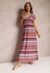 Renee - Bordowa Wzorzysta Sukienka Maxi z Gumką w Talii i Rozkloszowanym Dołem Noareya. Okazja: na co dzień. Kolor: czerwony. Typ sukienki: proste, kopertowe. Styl: casual. Długość: maxi