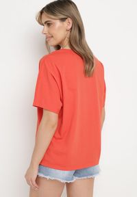 Born2be - Pomarańczowy Luźny T-shirt z Bawełny z Krótkim Rękawem i Cyrkoniami przy Dekolcie Camilea. Kolor: pomarańczowy. Materiał: bawełna. Długość rękawa: krótki rękaw. Długość: krótkie. Sezon: lato #3