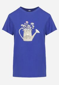 Born2be - Granatowy Bawełniany T-shirt z Ozdobnym Nadrukiem Littana. Okazja: na co dzień. Kolor: niebieski. Materiał: bawełna. Wzór: nadruk. Sezon: wiosna, lato. Styl: casual, klasyczny
