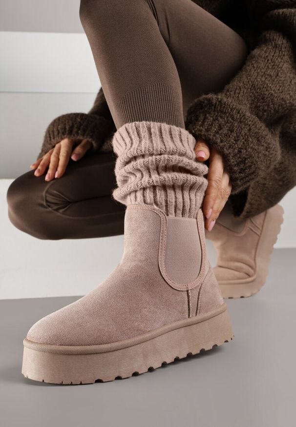 Born2be - Ciemnobeżowe Śniegowce na Grubej Podeszwie w Stylu Sztybletów Avrenna. Okazja: na co dzień. Kolor: beżowy. Materiał: jeans. Styl: casual, klasyczny