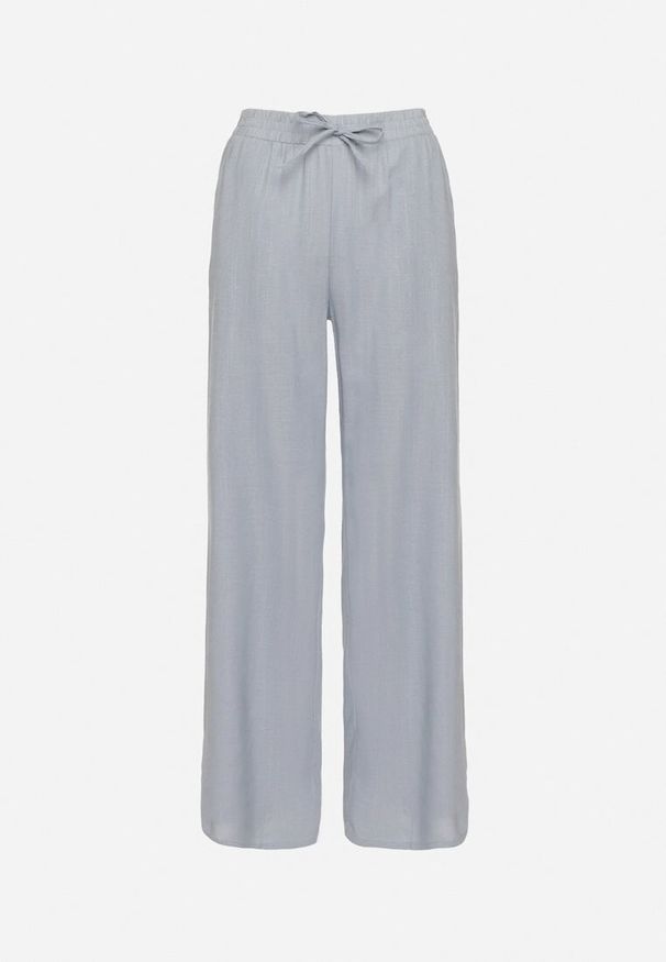 Born2be - Niebieskie Szerokie Spodnie z Lnem z Gumką w Talii i Kieszeniami Filisela. Okazja: na co dzień, do pracy. Kolor: niebieski. Materiał: len. Styl: elegancki, casual
