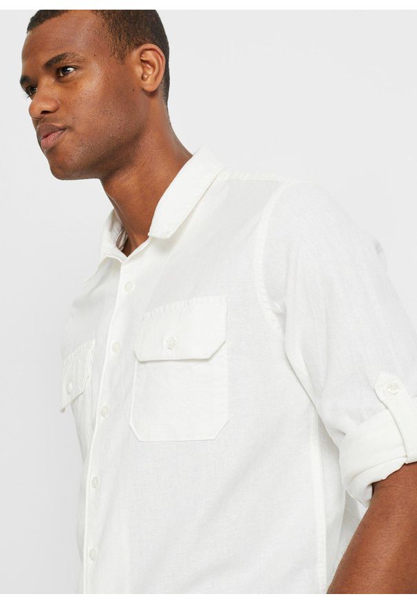 bonprix - Koszula z długimi wywijanymi rękawami, z materiału z domieszką lnu. Kolor: biały. Materiał: materiał, len. Długość: długie