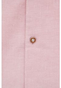BOSS koszula z domieszką lnu męska kolor różowy slim z kołnierzykiem włoskim. Typ kołnierza: kołnierzyk włoski. Kolor: różowy. Materiał: len