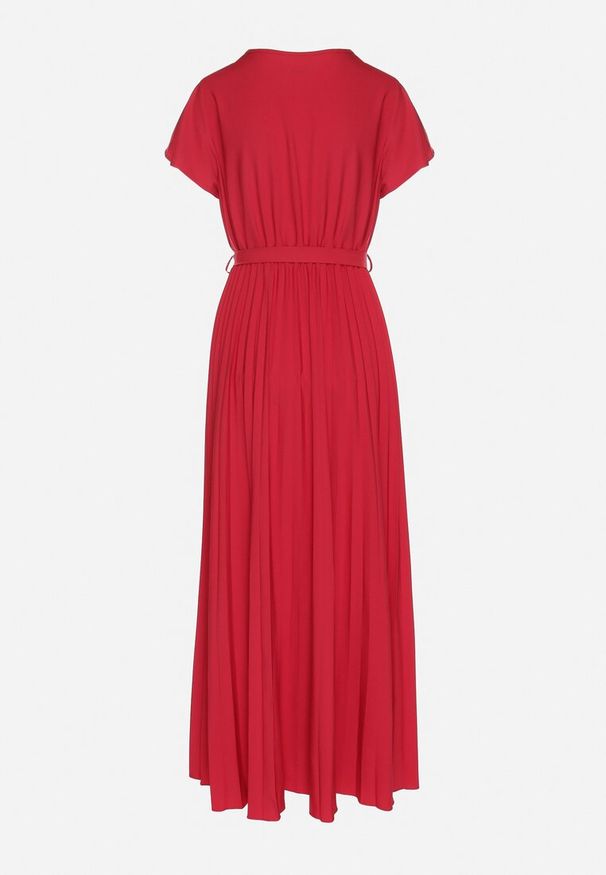 Born2be - Bordowa Elegancka Sukienka Maxi w Plisy z Kopertowym Dekoltem i Wiązaniem Thessi. Kolor: czerwony. Sezon: lato. Typ sukienki: kopertowe. Styl: elegancki. Długość: maxi