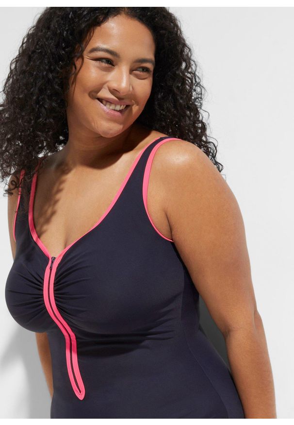 bonprix - Kostium kąpielowy lekko modelujący sylwetkę z zamkiem. Kolor: niebieski. Materiał: materiał