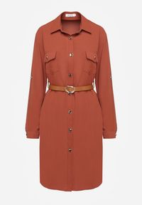 Renee - Brązowa Koszulowa Sukienka Ozdobiona Paskiem i Rękawem z Regulacją Esaviona. Okazja: na co dzień. Kolor: brązowy. Materiał: jeans. Wzór: aplikacja. Typ sukienki: koszulowe. Styl: casual, elegancki #5