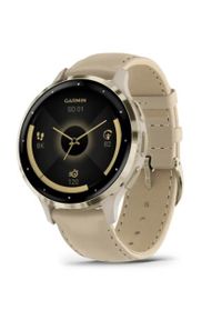 GARMIN - Garmin Venu 3S Bezel ze stali nierdzewnej w kolorze soft gold z kopertą w kolorze french gray i skórzanym paskiem. Materiał: skóra. Styl: sportowy, casual