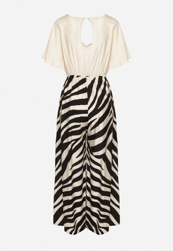 Born2be - Czarno-Biały Taliowany Kombinezon z Szerokimi Nogawkami i Paskiem w Talii Nellma. Okazja: na co dzień. Kolor: czarny. Materiał: wiskoza. Długość rękawa: krótki rękaw. Długość: krótkie. Styl: elegancki, casual