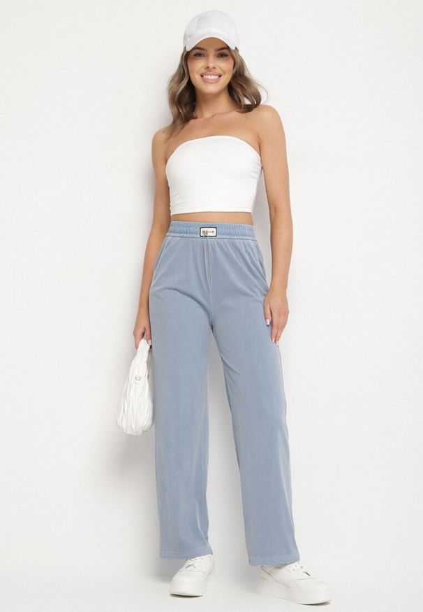 Born2be - Niebieskie Spodnie z Wiskozą o Prostym Kroju z Aplikacją w Talii Frolessa. Okazja: na co dzień. Kolor: niebieski. Materiał: wiskoza. Wzór: aplikacja. Styl: casual, elegancki