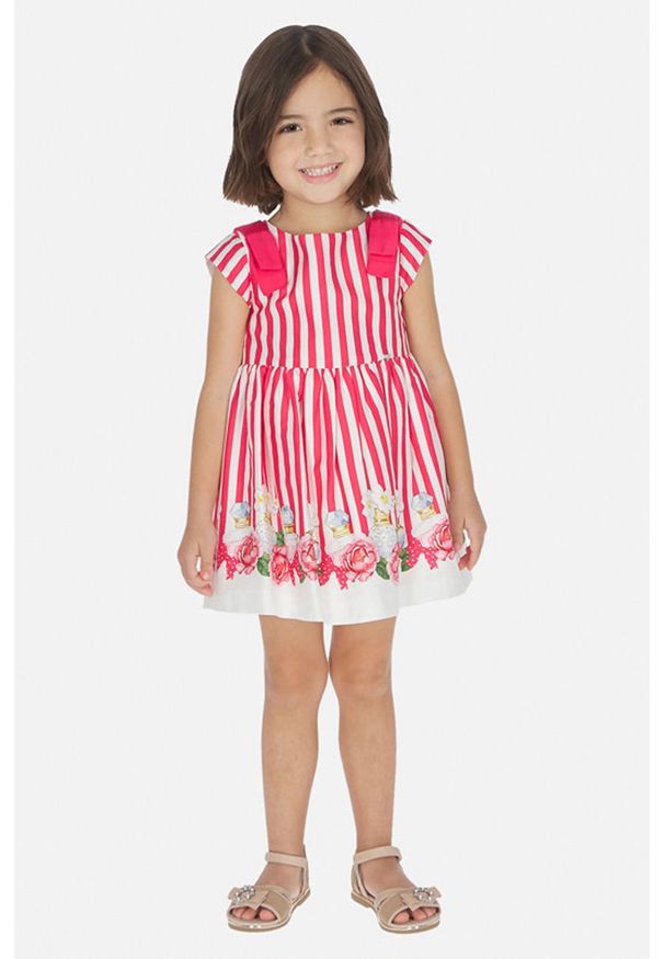 Mayoral - Sukienka dziecięca 92-134 cm. Kolor: różowy. Materiał: tkanina, bawełna, poliester, materiał. Długość rękawa: na ramiączkach. Wzór: kwiaty. Typ sukienki: rozkloszowane. Długość: mini