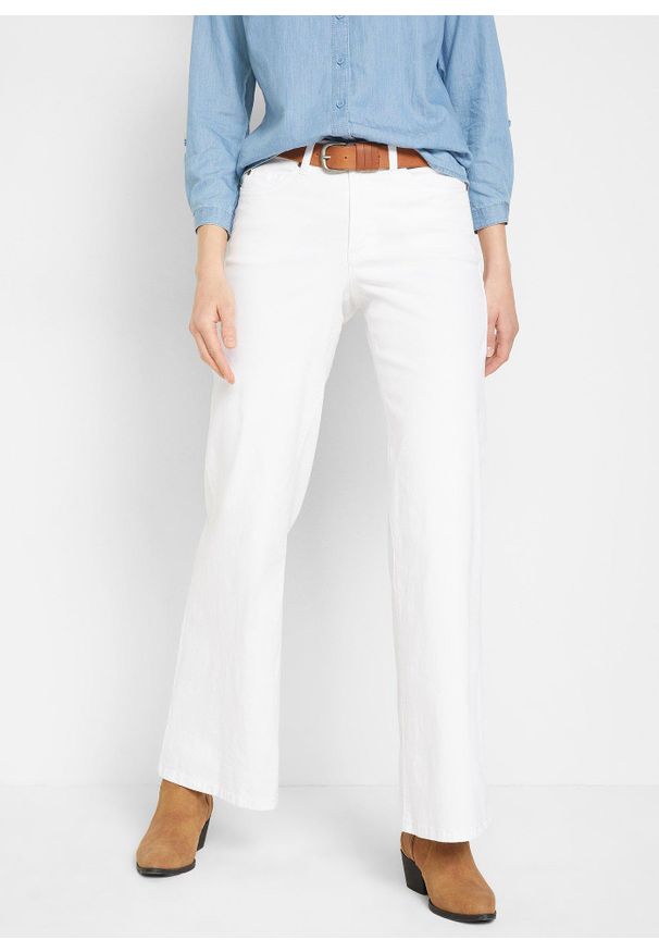 bonprix - Dżinsy ze stretchem wide fit, mid waist. Kolor: biały