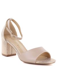 POTOCKI - Sandały damskie na słupku beżowo-złote Potocki LE20339. Kolor: beżowy, złoty, wielokolorowy. Materiał: skóra ekologiczna. Obcas: na słupku #1