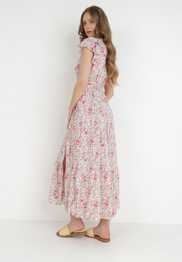 Born2be - Beżowo-Czerwona Sukienka Rhenosyne. Okazja: na co dzień. Kolor: beżowy. Materiał: materiał. Wzór: kolorowy, kwiaty. Sezon: lato. Typ sukienki: rozkloszowane, kopertowe. Styl: casual. Długość: maxi