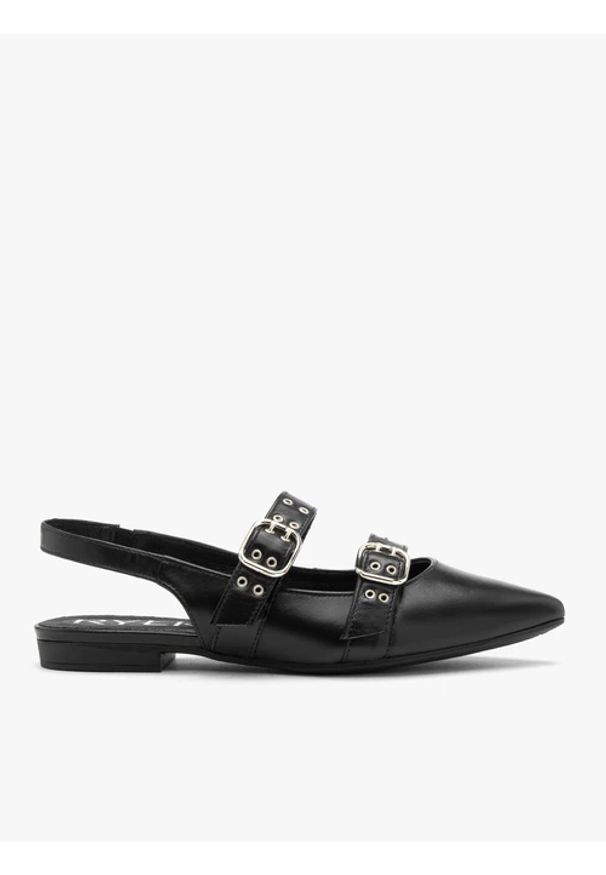 Ryłko - Czarne baleriny bez pięty. Zapięcie: klamry. Kolor: czarny. Materiał: skóra. Styl: klasyczny, rockowy