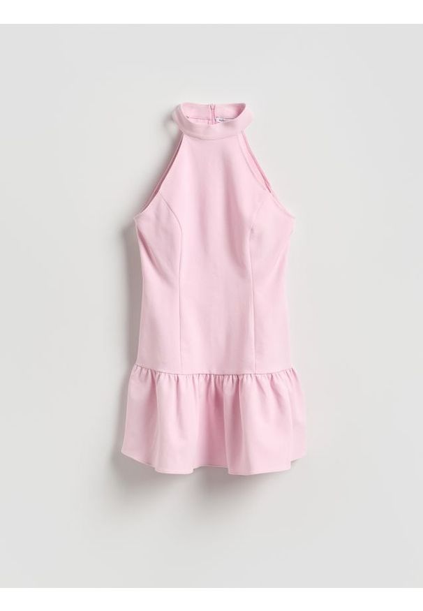 Reserved - Sukienka mini z dekoltem halter - różowy. Typ kołnierza: dekolt halter. Kolor: różowy. Materiał: tkanina, bawełna. Typ sukienki: proste. Długość: mini