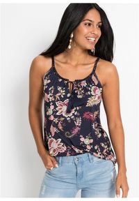 bonprix - Top shirtowy w kwiaty. Kolor: niebieski. Materiał: koronka. Długość rękawa: na ramiączkach. Wzór: kwiaty