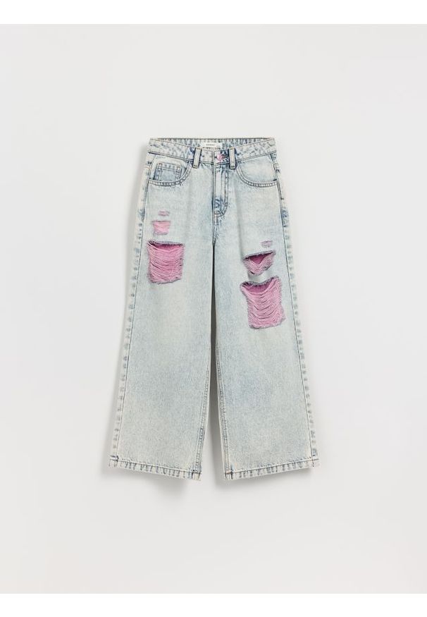 Reserved - Jeansy wide leg z przetarciami - niebieski. Kolor: niebieski