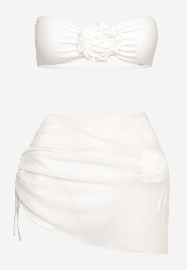 Born2be - Białe Bikini 3-Częściowe Stanik Wiązany przy Szyi Majtki z Wiązaniami i Pareo Irisanne. Kolor: biały. Materiał: tkanina. Wzór: aplikacja